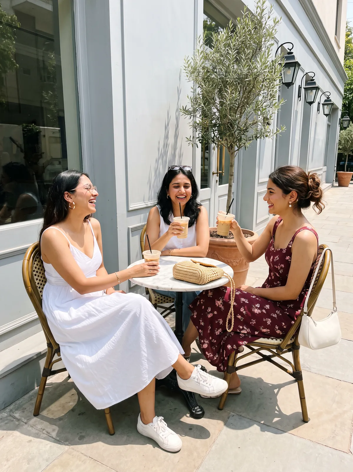 Three women laughing over iced coffee at a small table outside a cafe in the sun